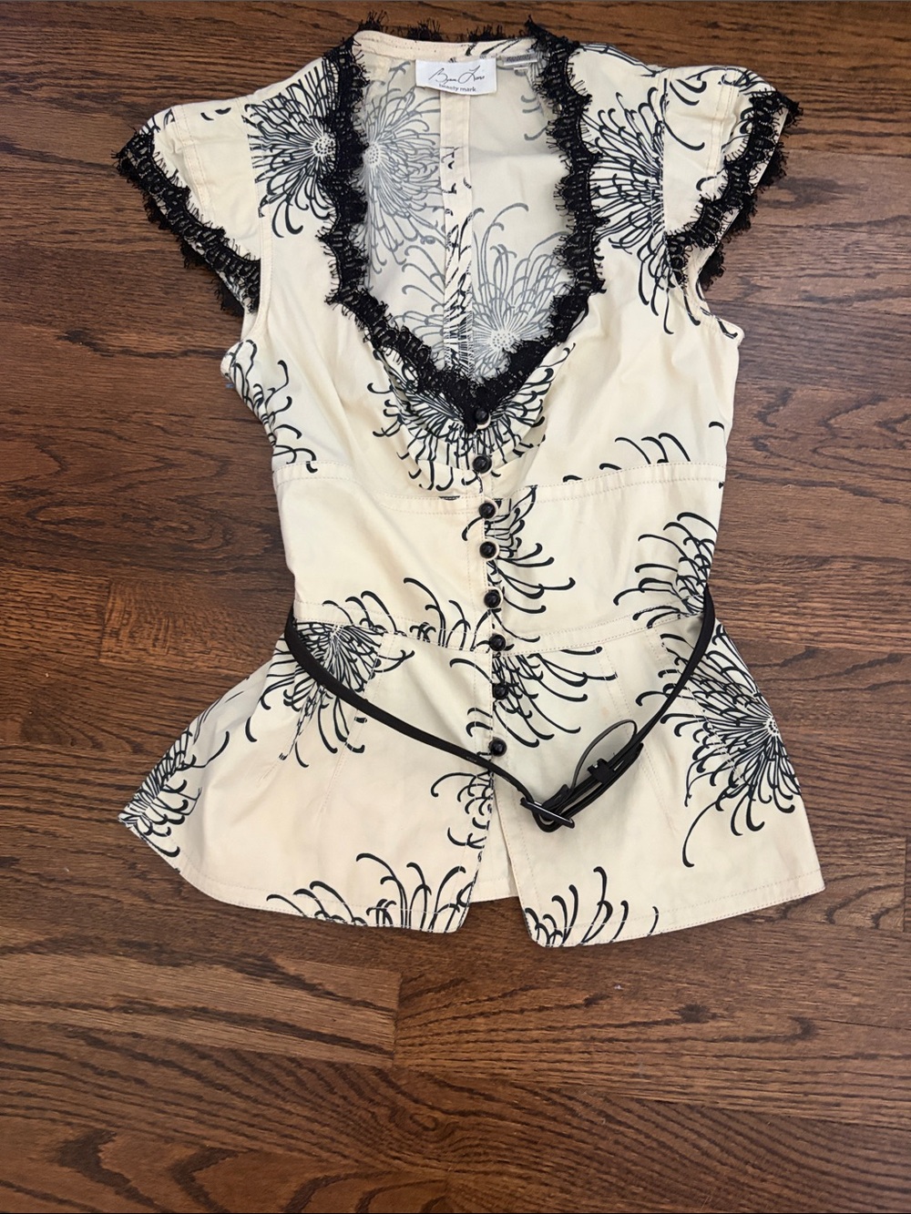 Byron Lars Cream and Black Floral Lace-Trim Button Front Top